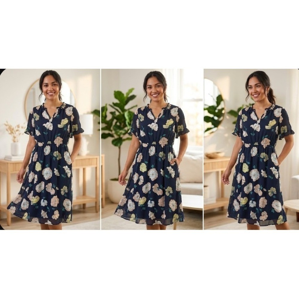 Loft Chiffon Floral Flutter Sleeve Dress‎ Navy Botanical Ruffle Petite